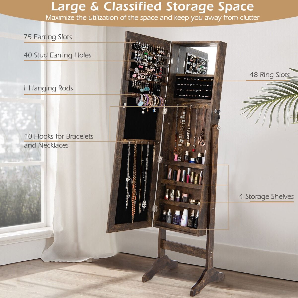 Freestanding Jewelry Cabinet with Hooks Full Length and Inner Mirror